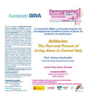 Ciclo de conferencias y curso de postgrado: "Demography Today: "Solitaries: The Past and Present of Living Alone in Central Italy"