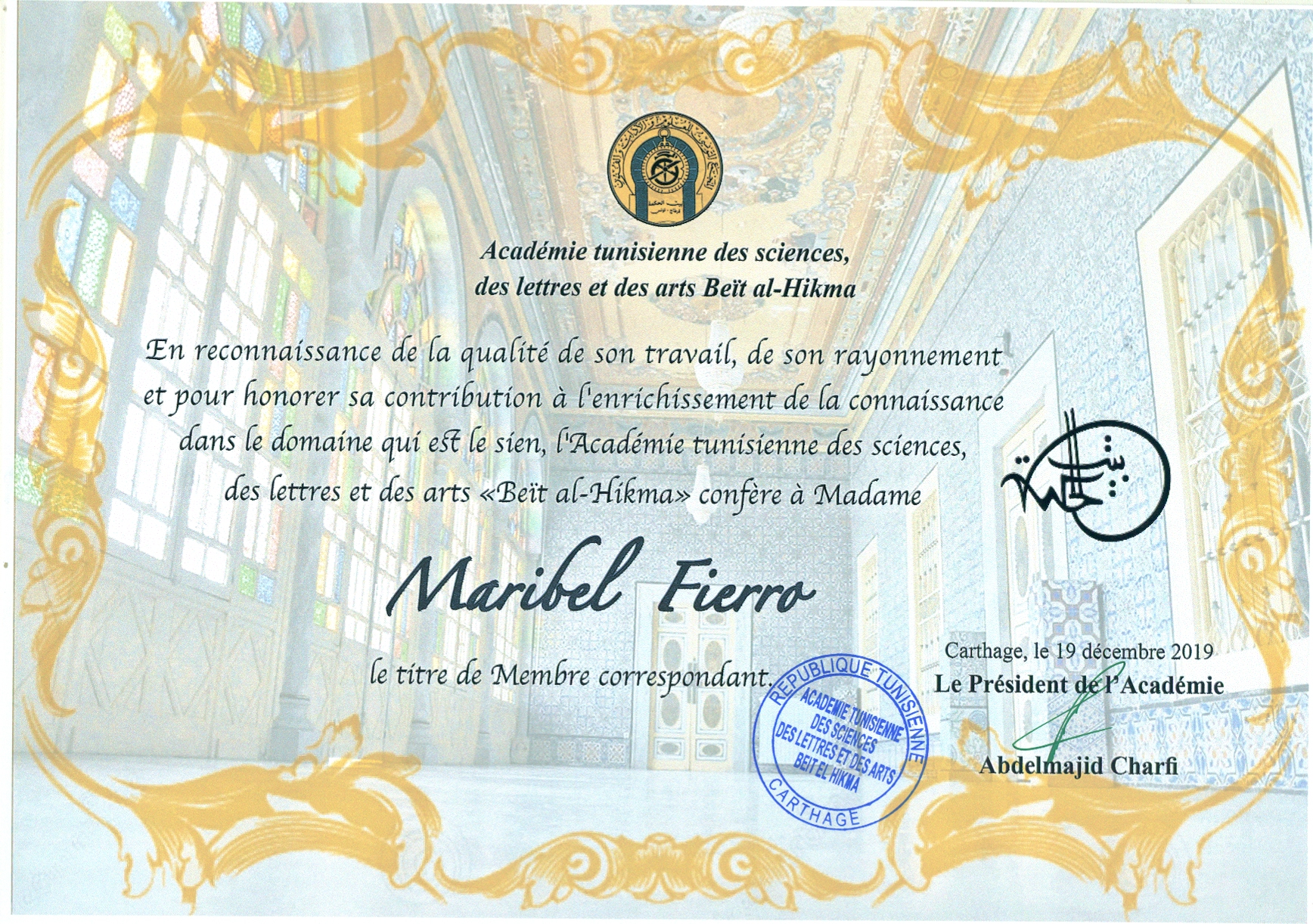 Maribel Fierro ha sido nombrada miembro correspondiente de la  Académie tunisienne, des sciences, des lettres et des arts Beït al-Hikma