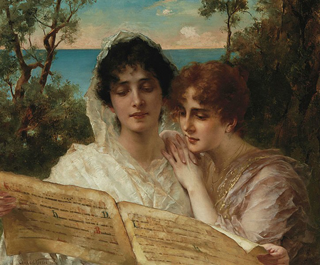 Conrad Kiesel Two young ladies reading a manuscript