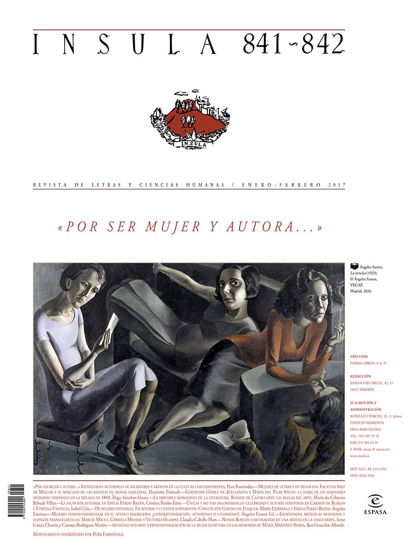 Pura Fernández (ILLA) coordinadora y autora del monográfico "Por ser mujer y autora..." de la revista INSULA Portada de la revista