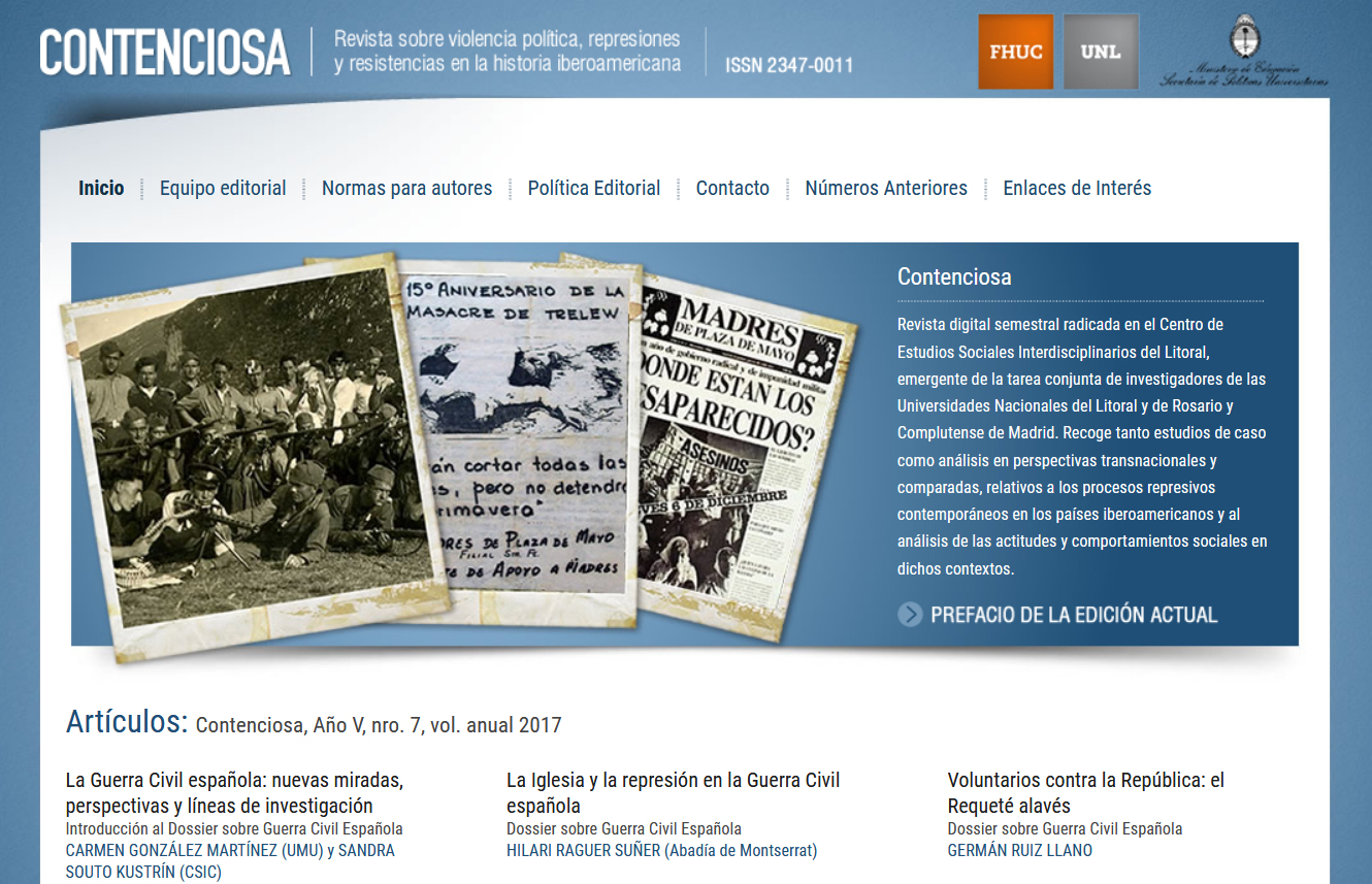 Sandra Souto (IH) coordina con otra investigadora un dossier sobre la "Guerra Civil española" publicado en la revista "Contenciosa" pantallazo de la revista digital
