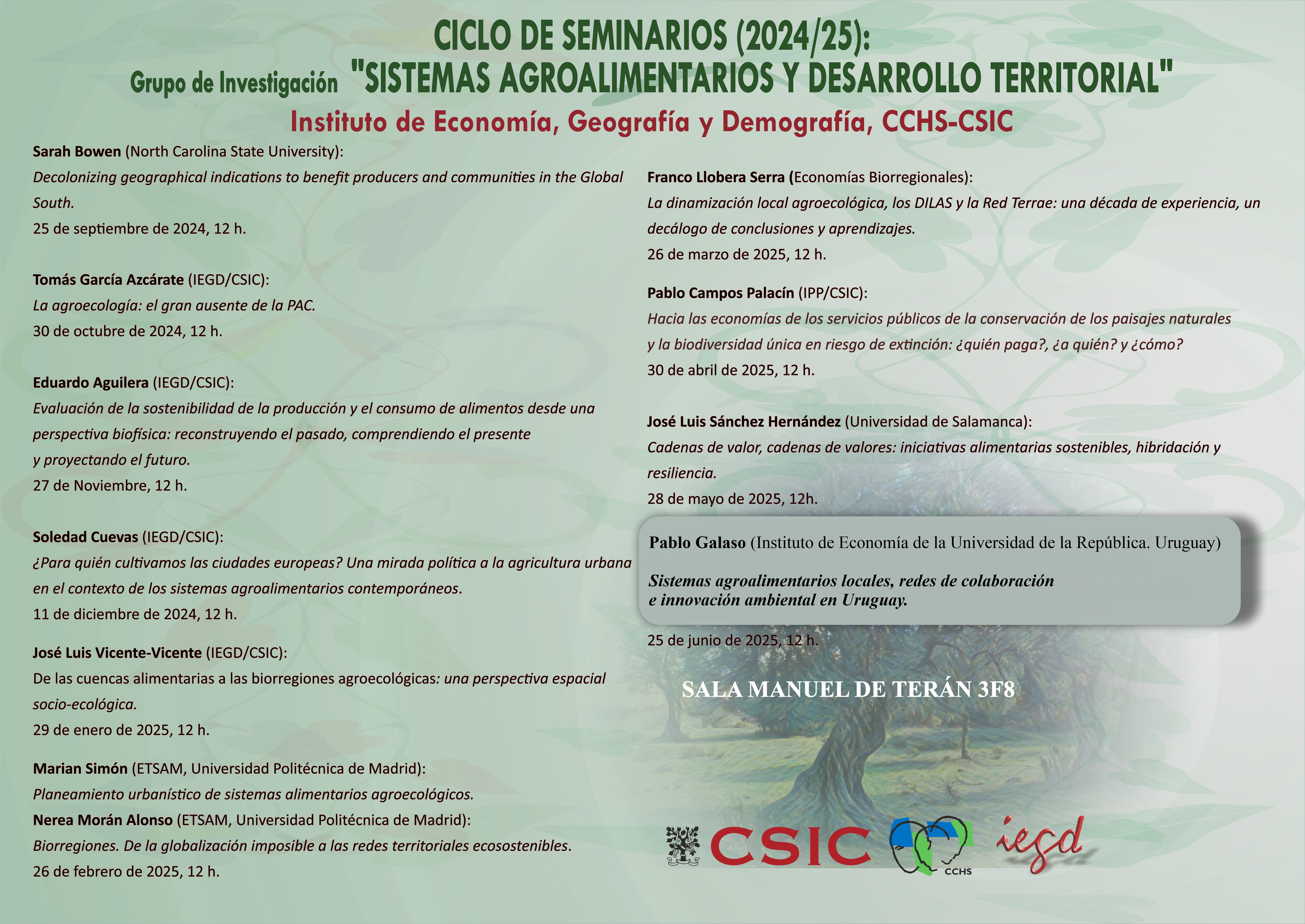 Programación del ciclo de Seminarios del Grupo de Investigación de Sistemas Agroalimentarios y Desarrollo Territorial 2024-2025