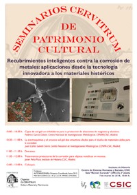 Cartel del seminario Seminarios Cervitrum de Patrimonio Cultural: "Recubrimientos inteligentes contra la corrosión de metales: aplicaciones desde la tecnología innovadora a los materiales históricos"