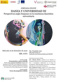 Cartel de la Jornada Jornada online "Danza y Universidad III. Perspectivas anglo-hispanas en la enseñanza dancística universitaria"