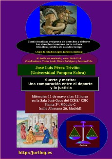 Cartel del seminario Seminario 'Condicionalidad recíproca de derechos y deberes: Los derechos humanos en la cultura filosófico-jurídica de nuestro tiempo': "Suerte y mérito: una comparación entre el deporte y la justicia"