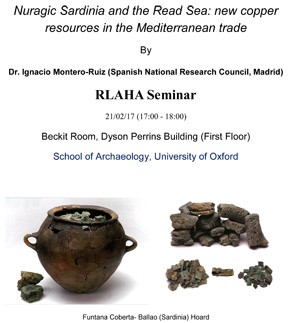 Cartel de la conferencia RLAHA Seminar: "Nuragic Sardinia and the Read Sea: new copper resources in the Mediterranean trade"