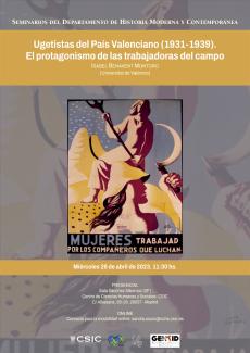 Seminario del Departamento de Historia de la Ciencia: "Ugetistas del País Valenciano (1931-1939). El protagonismo de las trabajadoras del campo"